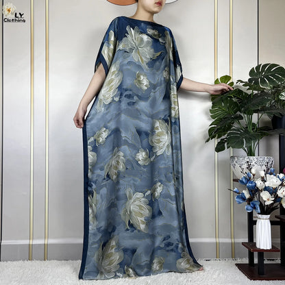 Muslim Abayas For Women 2023 New Fashion Printed Silk Soft Loose Femme Elegant Robe African Maxi Party Dresses With Belt Turban