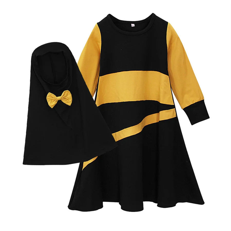 Patchwork Muslim Children 2 Pcs Prayer Dress Girls Hijab Abaya Ramadan Sets Arab Kids Headscarf Long Robe Islamic Kaftan Gown