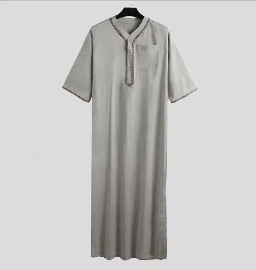 New 2025 Men Islamic Arabic Kaftan Vintage Solid Short Sleeve Loose Retro Robes Abaya Dubai Middle East Muslim Clothing S-5XL