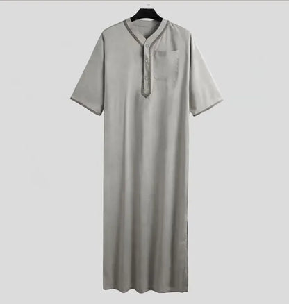 New 2025 Men Islamic Arabic Kaftan Vintage Solid Short Sleeve Loose Retro Robes Abaya Dubai Middle East Muslim Clothing S-5XL