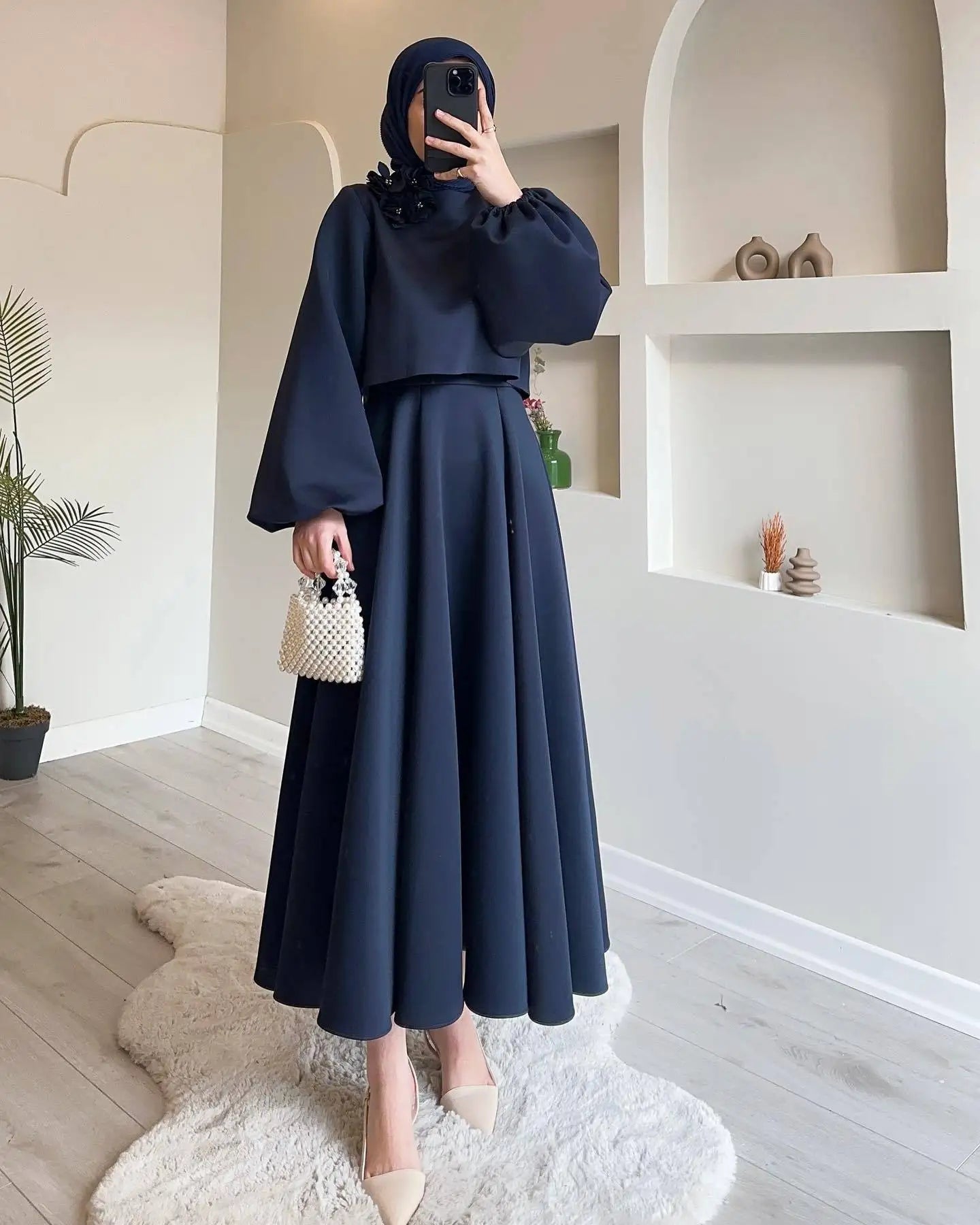 2  Piece Muslim Sets Women Middle East Dubai Flower Lantern Sleeve Tops Skirts Set Dress Kimono Kaftan 2pc Ramadan Islam Clothes