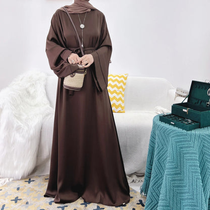 Plain Satin Abaya Dress for Muslim Women, Side Pockets Wide Sleeves, Dubai Turkish Hijabi Islamic Clothing, Modest Robe, Ramadan