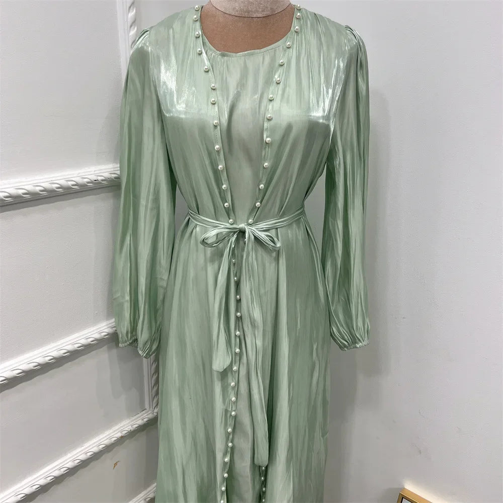 2 Piece Silk Satin Kimono Abaya Under Dress Morocco Muslim Sets Abayas for Women Dubai Arabic Cardigan Kaftan Robe Islam outfits