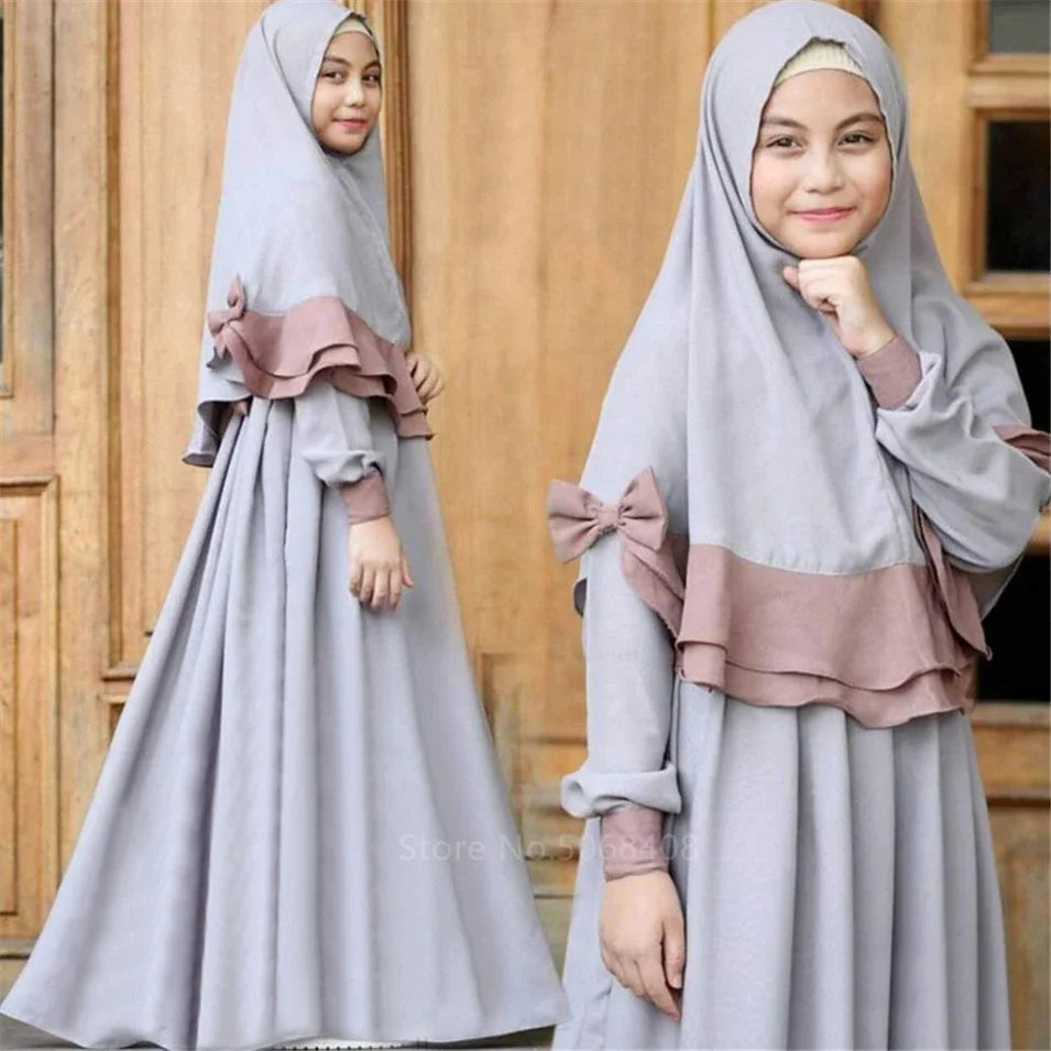 Muslim traditional clothing Islamic robe kids baby girls richer Saudi Arab Dubai solid abaya kaftan with ruffle bow hijab dress