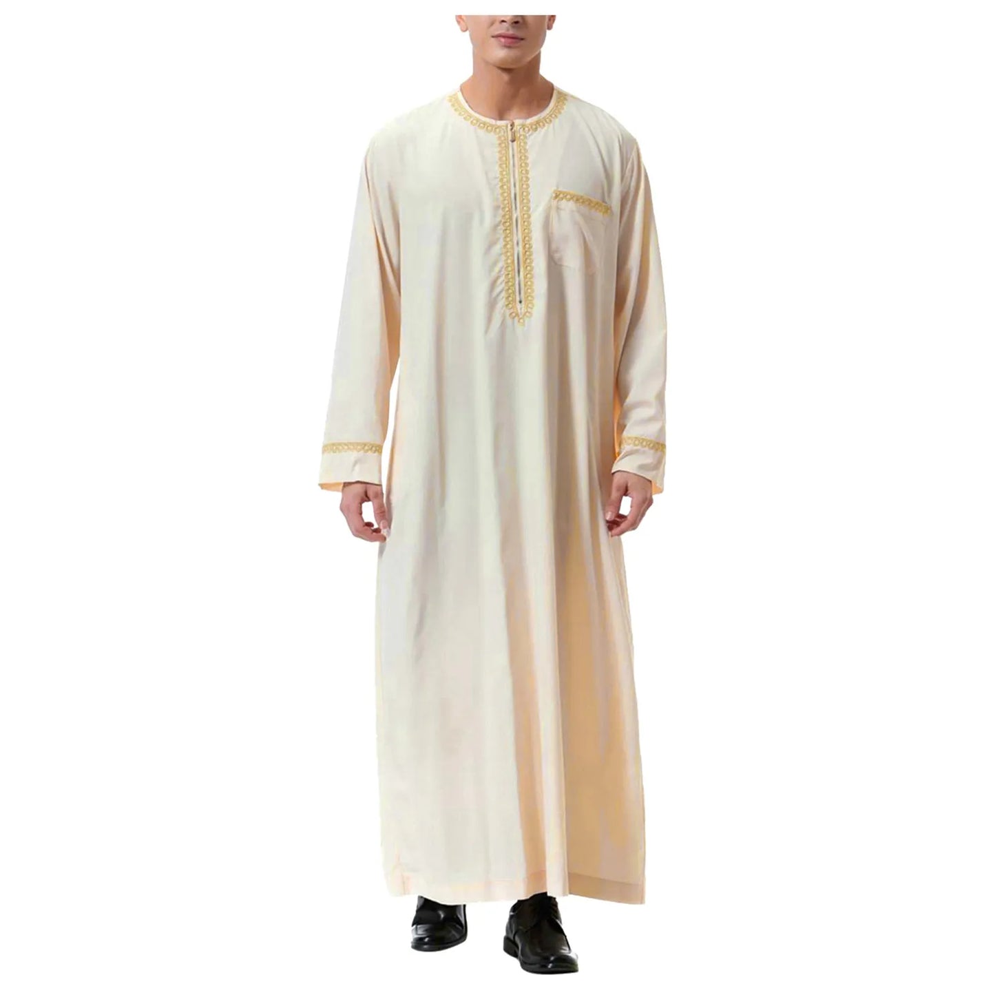 Mens Muslim Robe Arab Middle Robe Long Sleeve Embroidered Pocket Long Abaya Shirt Prayer Muslim Men Clothing