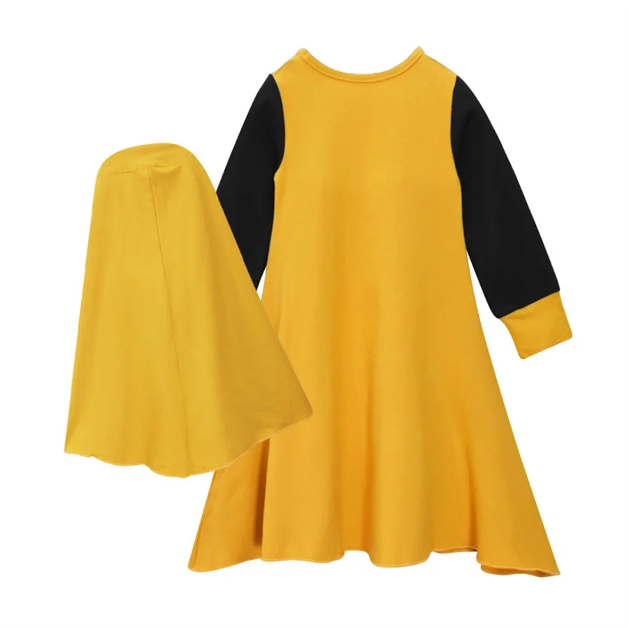 Patchwork Muslim Children 2 Pcs Prayer Dress Girls Hijab Abaya Ramadan Sets Arab Kids Headscarf Long Robe Islamic Kaftan Gown