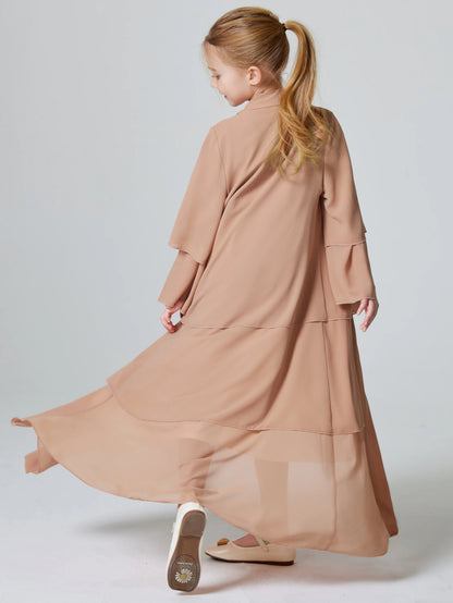Ramadan Kebaya Muslim Girls Abaya 3 Layered Chiffon Kids Abaya Dress Open Front   Outerwear (Without Hijab)