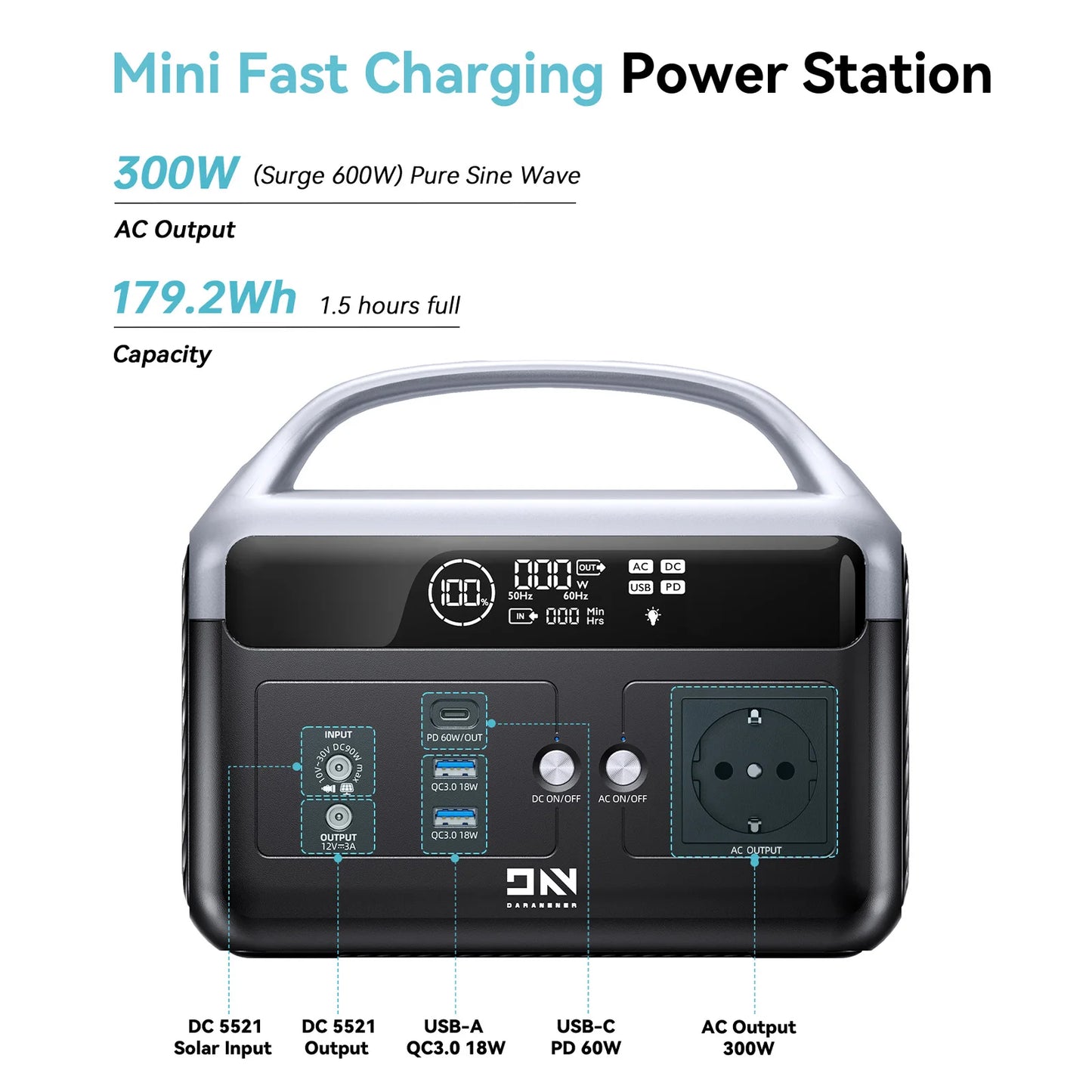 DaranEner NEOZ Portable Power Station 300W 179.2Wh LiFePO4 Battery Pure Sine Wave AC Outlet DC5521 Ports Solar Generator