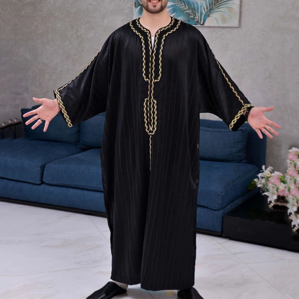 Mens Muslim Stripe Jubba Kaftan Dishdash Thobe Saudi Arab Muslim Clothing Long Sleeve Maxi Robe New Caftan Dubai Robe A50