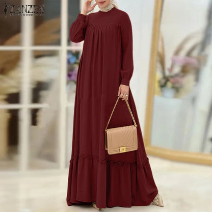ZANZEA Women Muslim Dress Abaya Autumn Maxi Long Dress Kaftan Dubai Long Vestidos Robe Long Sleeve Solid Ruffles Hem Sundress