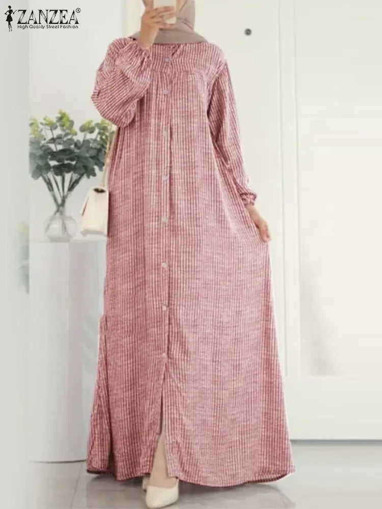 ZANZEA Autumn Sundress Women Vintage Long Sleeve Islamic Clothing Dubai Vestido Fashion Striped Muslim Abaya Dress Robe Femme
