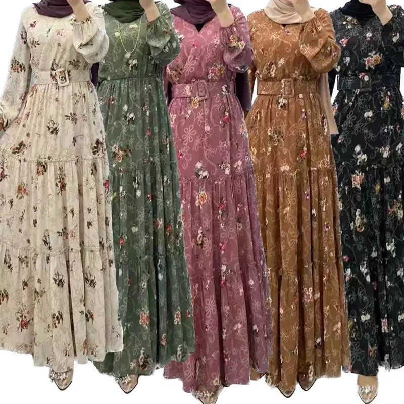 Eid Morocco Dress Women Muslim Abaya Jalabiya Turtleneck Floral Print Belted Dubai Kaftan Robe Vestidos Ramadan Abayas Dresses