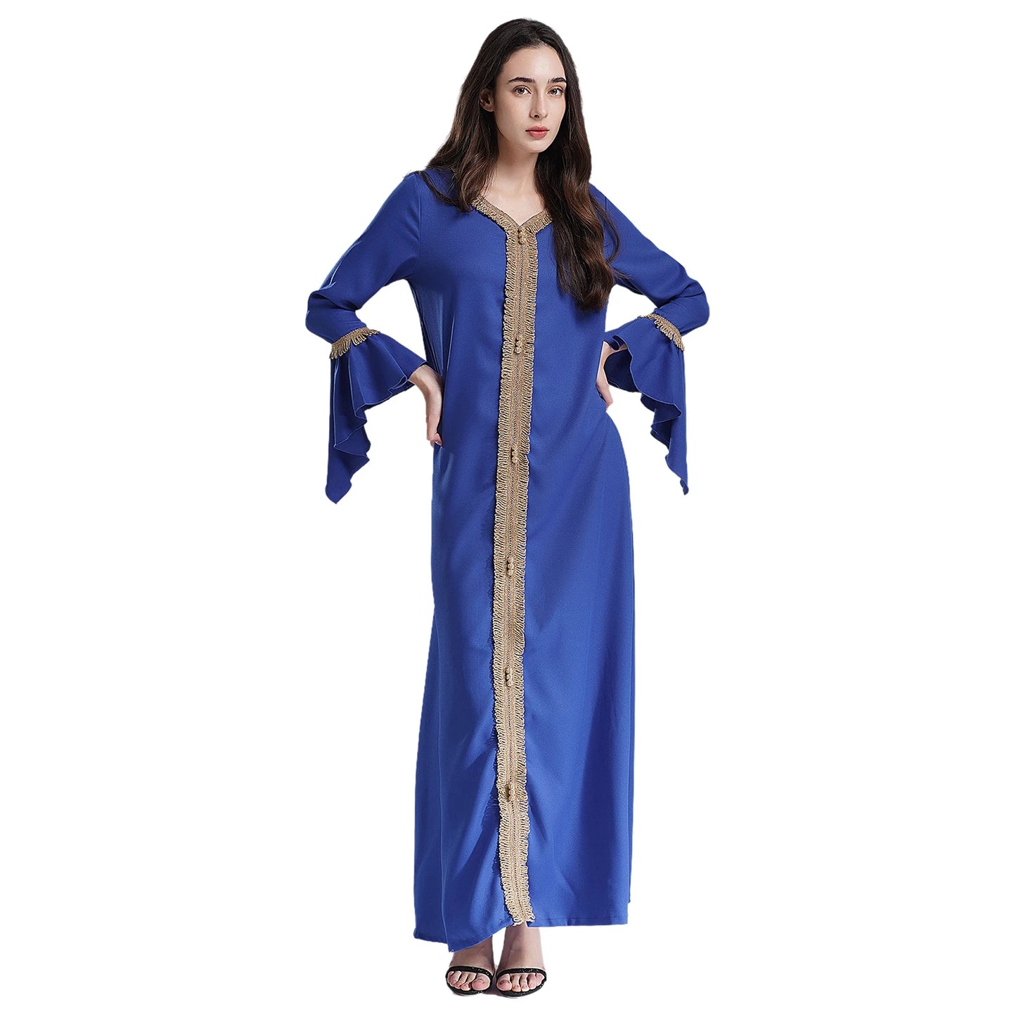 Elegant Womens Muslim Abaya Floor Length Robe V Neck Flared Sleeve Dress Halloween Witch Masquerade Gown Role Play Theme Party