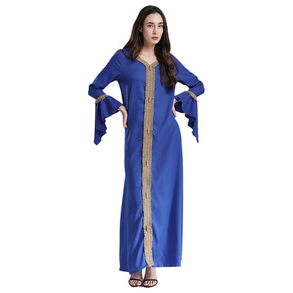 Elegant Womens Muslim Abaya Floor Length Robe V Neck Flared Sleeve Dress Halloween Witch Masquerade Gown Role Play Theme Party