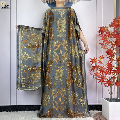 Muslim Abayas For Women 2023 New Fashion Printed Silk Soft Loose Femme Elegant Robe African Maxi Party Dresses With Belt Turban