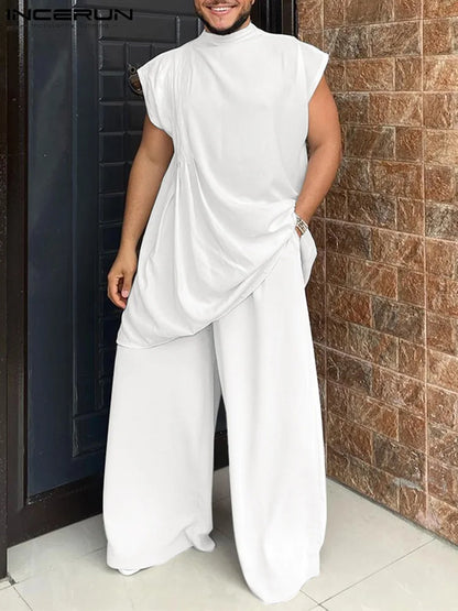 INCERUN Men Sets Muslim Clothing 2023 O-neck Short Sleeve T Shirt & Wide Leg Pants Two Pieces Solid Baggy Men Casual Suits 7
