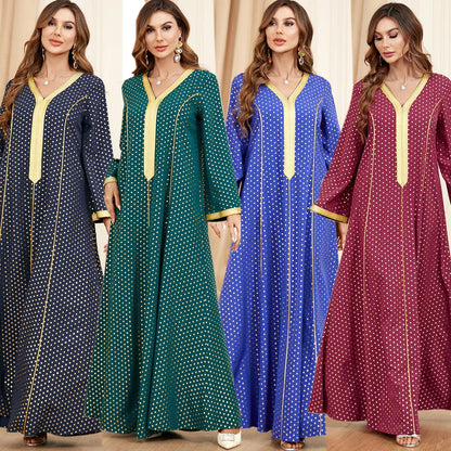 Abaya Muslim Maxi Long Sleeve Dress With Cap Women Diamond Arab Dubai Islamic Clothing Autumn New Loose Casual Turkey Robe