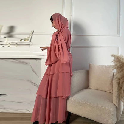 Summer Modest Kaftan Hijab Dresses For Women Kids Open Chiffon Khimar Kimono Abaya Dubai Luxury Muslim Sets Islam Kebaya Damen