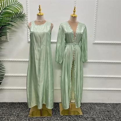 2 Piece Silk Satin Kimono Abaya Under Dress Morocco Muslim Sets Abayas for Women Dubai Arabic Cardigan Kaftan Robe Islam outfits