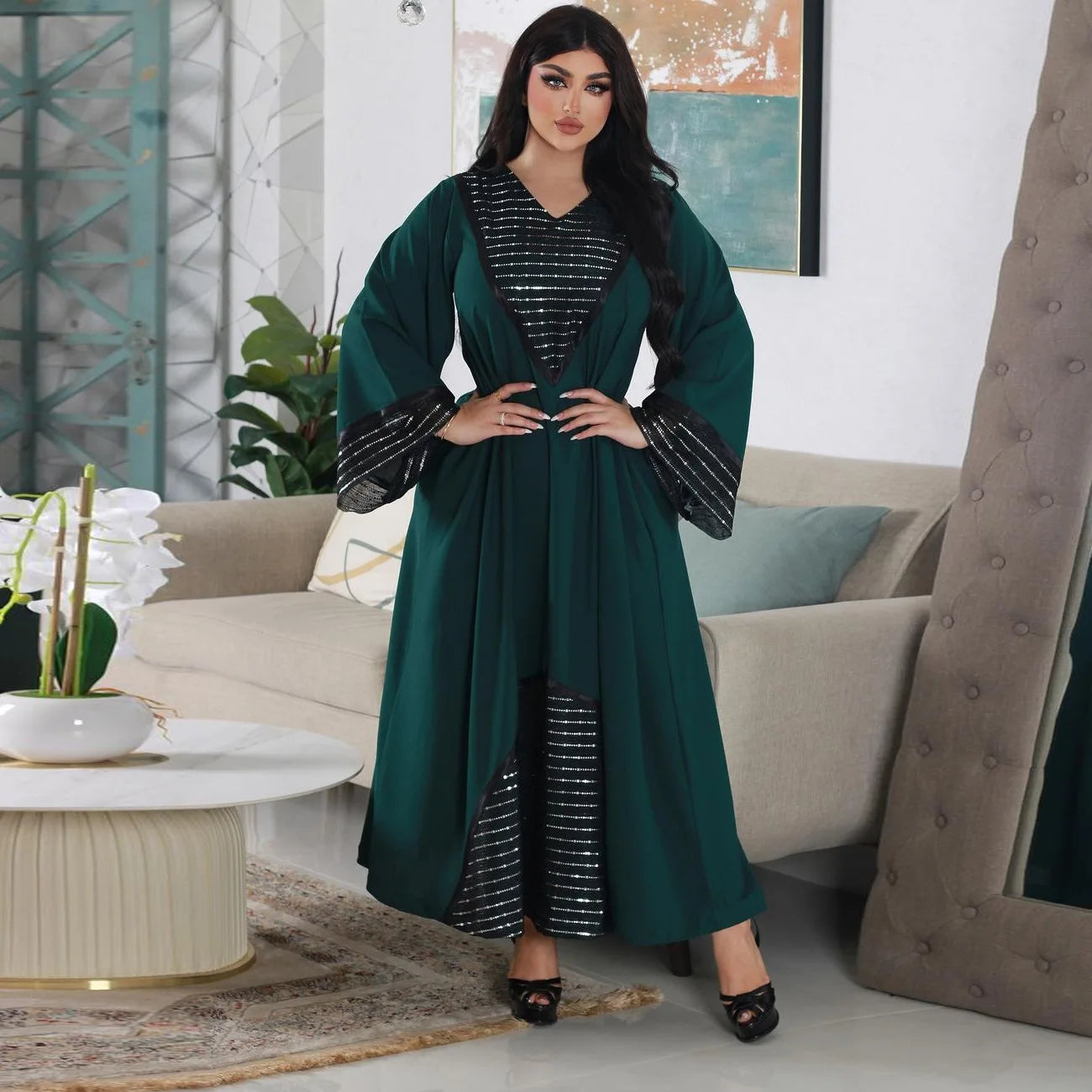Sequins Abaya Dubai Luxury High Class Dark Green Chiffon Kaftan Party Ladies Long Sleeves Muslim Girl Dress