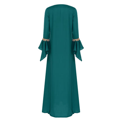 Elegant Womens Muslim Abaya Floor Length Robe V Neck Flared Sleeve Dress Halloween Witch Masquerade Gown Role Play Theme Party