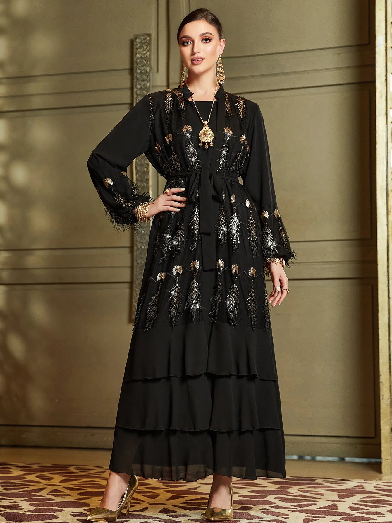 Abaya Muslim Maxi Long Sleeve Dress With Cap Women Diamond Arab Dubai Islamic Clothing Autumn New Loose Casual Turkey Robe