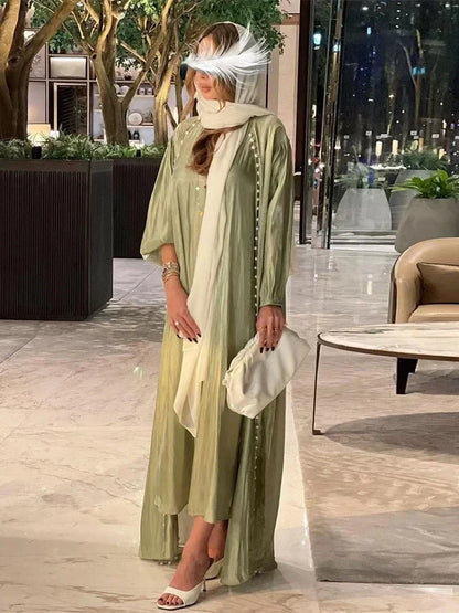 2 Piece Silk Satin Kimono Abaya Under Dress Morocco Muslim Sets Abayas for Women Dubai Arabic Cardigan Kaftan Robe Islam outfits