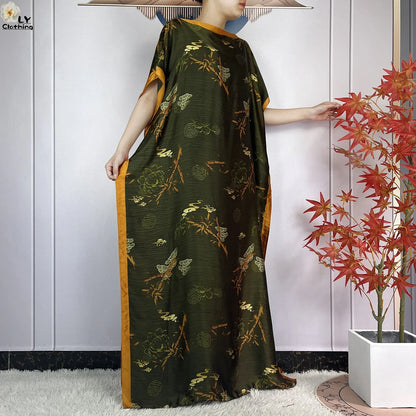 Muslim Abayas For Women 2023 New Fashion Printed Silk Soft Loose Femme Elegant Robe African Maxi Party Dresses With Belt Turban