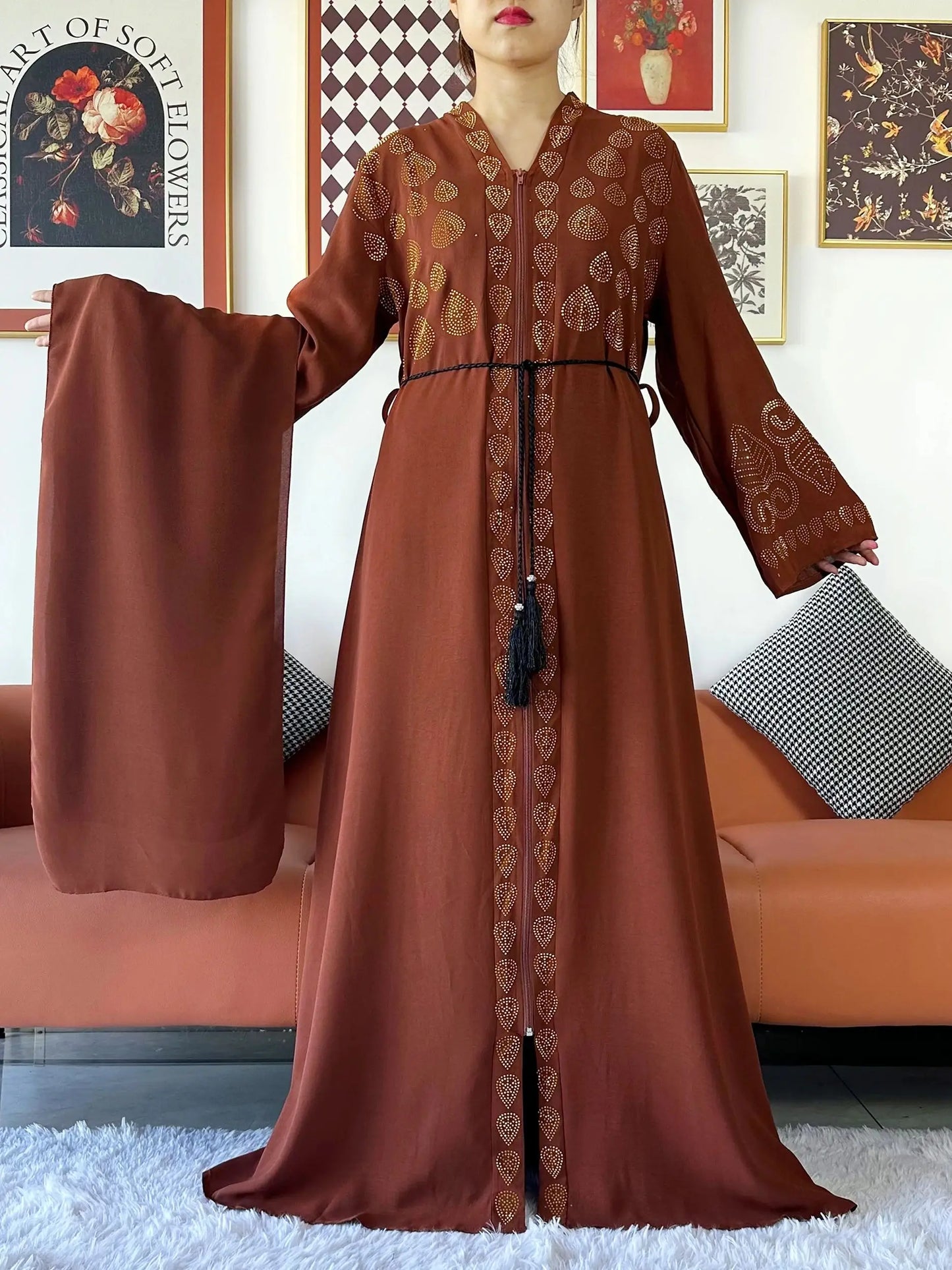 2024 Women Party Dress Chiffon Open Abaya Golden Stones Muslim Women Dress Islamic Clothing Cardigan Abaya Women Muslim Dress