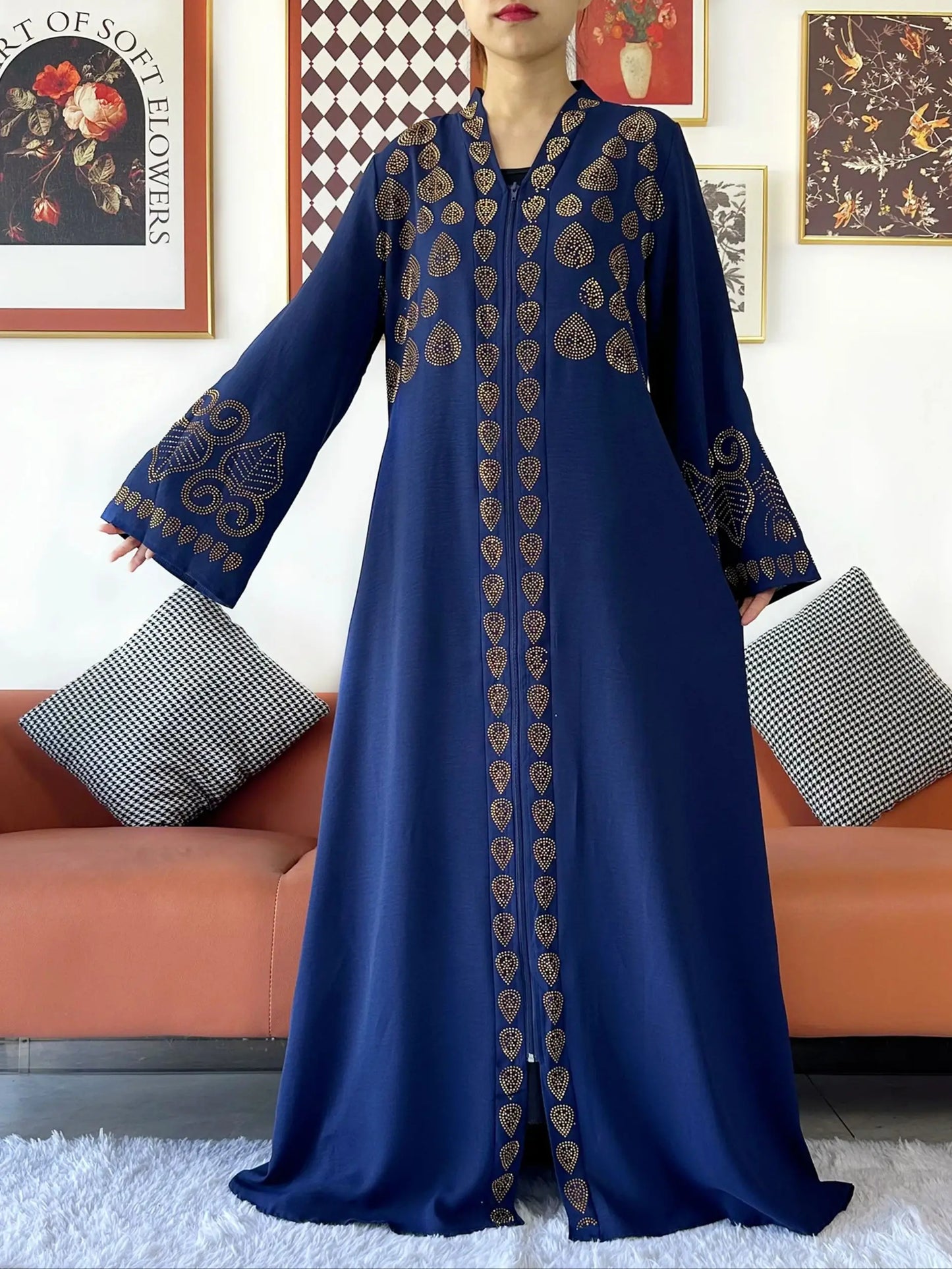 2024 Women Party Dress Chiffon Open Abaya Golden Stones Muslim Women Dress Islamic Clothing Cardigan Abaya Women Muslim Dress