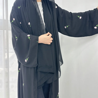 Flower Open Abaya Kimono Embroidery Muslim Abayas for Women Dubai Luxury Turkey Kaftan Hijab Robe Ramadan Eid Islamic Clothing