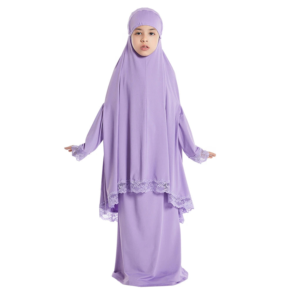 2Pcs Traditional Muslim Kids Girls Abaya Eid Hooded Overhead Hijab Burqa Maxi Skirt Sets Turkey Dubai Kaftan Prayer Garment Gown