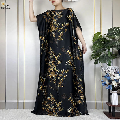 Muslim Abayas For Women 2023 New Fashion Printed Silk Soft Loose Femme Elegant Robe African Maxi Party Dresses With Belt Turban