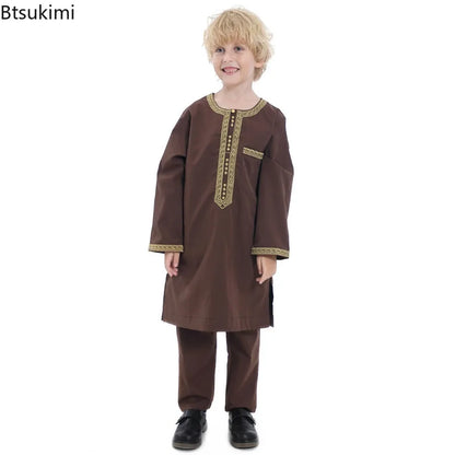 2025 Muslim Children Robe 2pc Set Long Sleeve Embroidery Dress Shirt+Pants Boys Fashion Abaya Kaftan Thobe Kids Islamic Clothing