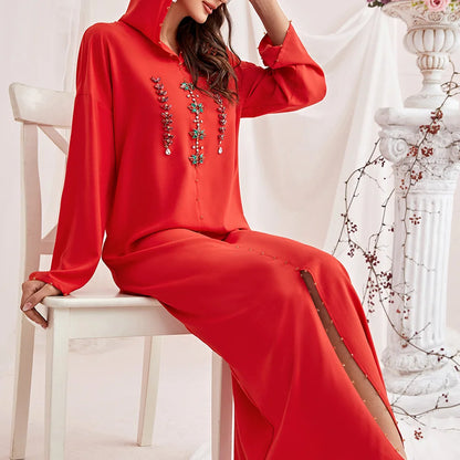 Abaya Muslim Maxi Long Sleeve Dress With Cap Women Diamond Arab Dubai Islamic Clothing Autumn New Loose Casual Turkey Robe