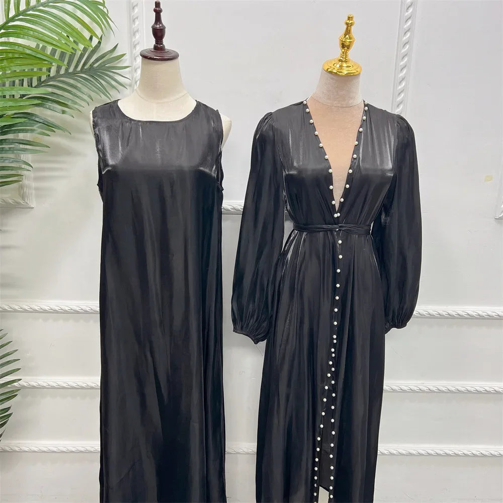 2 Piece Silk Satin Kimono Abaya Under Dress Morocco Muslim Sets Abayas for Women Dubai Arabic Cardigan Kaftan Robe Islam outfits