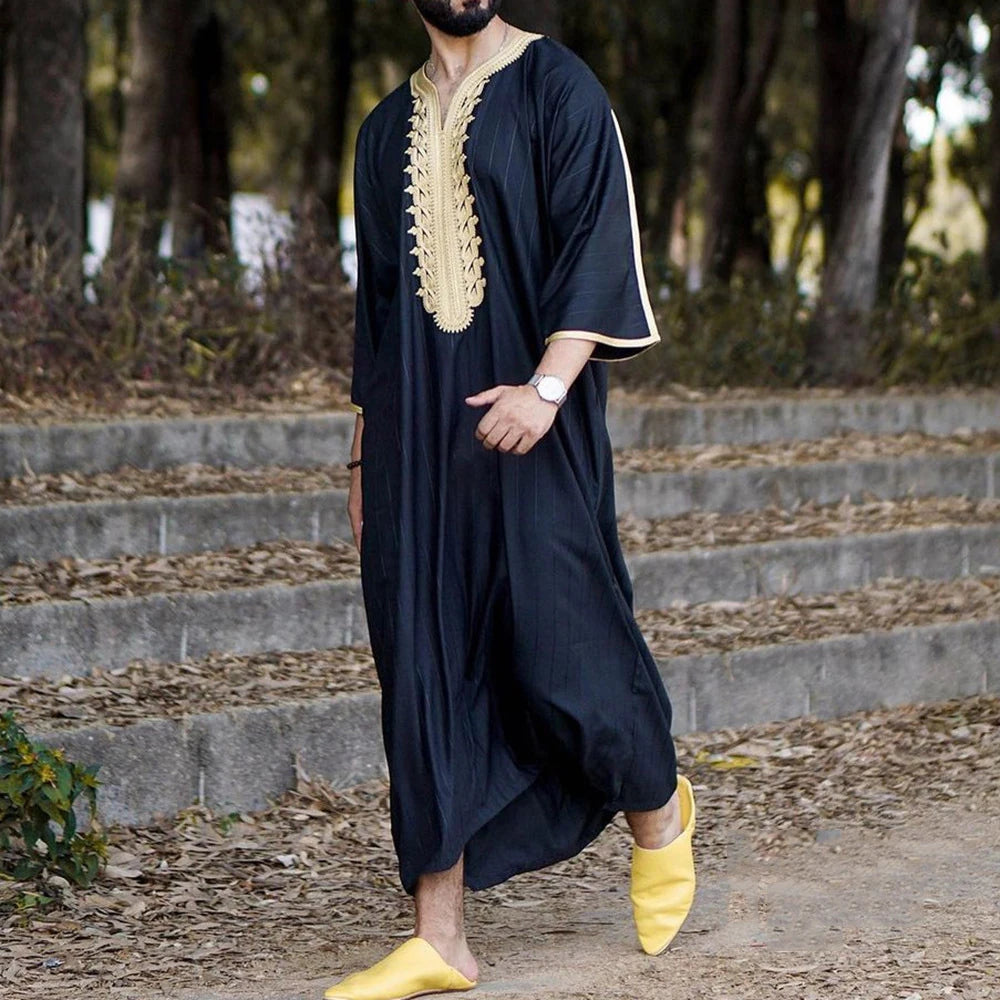 Mens Muslim Stripe Jubba Kaftan Dishdash Thobe Saudi Arab Muslim Clothing Long Sleeve Maxi Robe New Caftan Dubai Robe A50