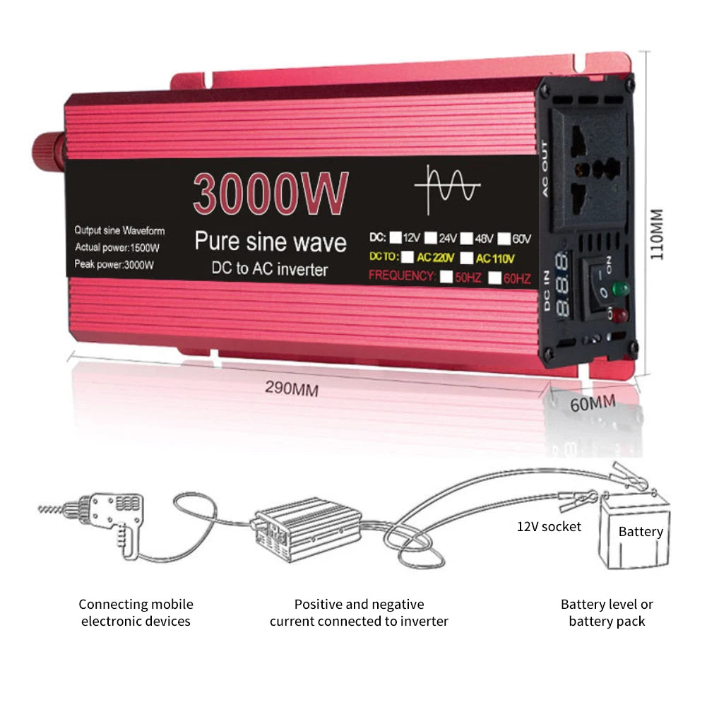 Pure Sine Wave Inverter DC 12V/24V To AC 110V/220V 1000W 1600W 2000W 2200W Portable Power Bank Converter Solar Inverter