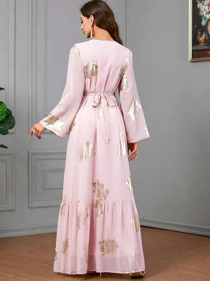 Party Dresses Muslim Abaya Women Dubai 2024 Iron Long Sleeve V-Neck Button Maxi Long Dress Tape Belted Kaftan Split Hem Vestidos