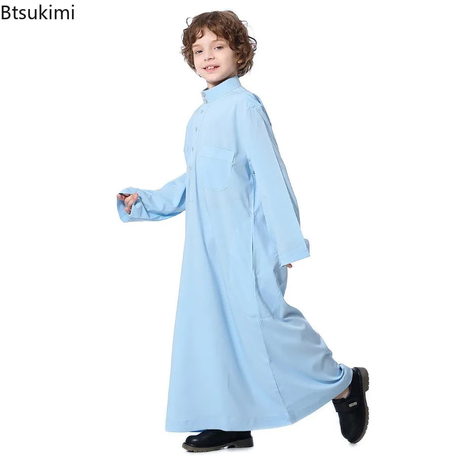 Boys Islamic Clothing Kids Muslim Jubba Thobe Solid Long Sleeve Stand Collar Kaftan Robes Arab Dubai Children Casual Abaya Dress