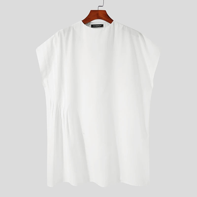 INCERUN Men Sets Muslim Clothing 2023 O-neck Short Sleeve T Shirt & Wide Leg Pants Two Pieces Solid Baggy Men Casual Suits 7