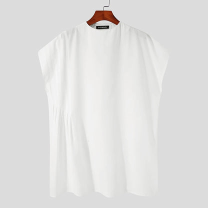 INCERUN Men Sets Muslim Clothing 2023 O-neck Short Sleeve T Shirt & Wide Leg Pants Two Pieces Solid Baggy Men Casual Suits 7