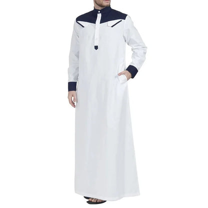 2025 Muslim Thobe Comfortable Men Caftan Long Sleeve Contrast Color Muslim Clothing Mandarin Neck Muslim Robe for Middle East