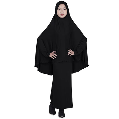 2pcs Set Abaya Muslim Kids Girls Gowns Long Overhead Hijab Maxi Dress Islamic Prayer Garment Clothing Set Turkey Khimar Ramadan