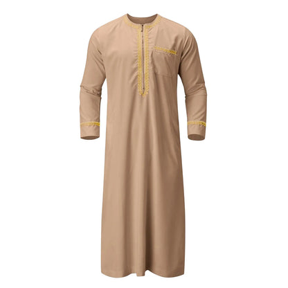 Mens Muslim Robe Arab Middle Robe Long Sleeve Embroidered Pocket Long Abaya Shirt Prayer Muslim Men Clothing