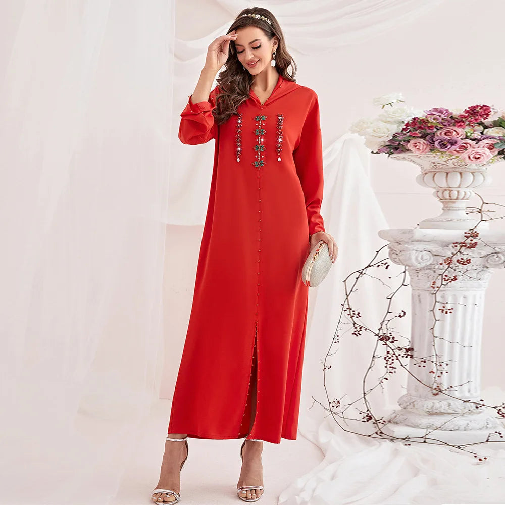 Abaya Muslim Maxi Long Sleeve Dress With Cap Women Diamond Arab Dubai Islamic Clothing Autumn New Loose Casual Turkey Robe