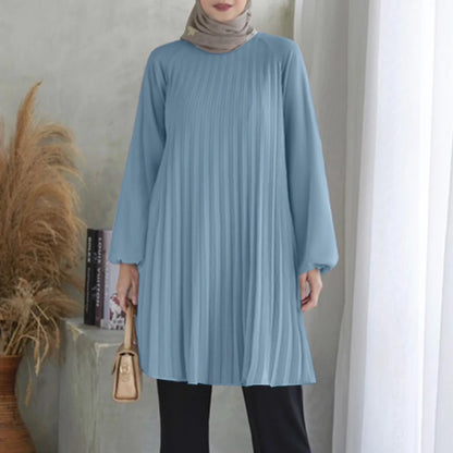Fashion Women Long Sleeve Pleated Tops ZANZEA Autumn Muslim Blouse Long Shirt Ramadan Abaya Turkey Kaftan Solid IsIamic Clothing