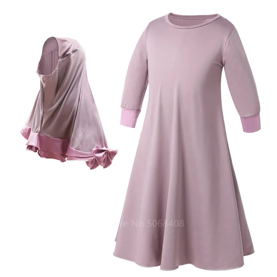 Muslim traditional clothing Islamic robe kids baby girls richer Saudi Arab Dubai solid abaya kaftan with ruffle bow hijab dress