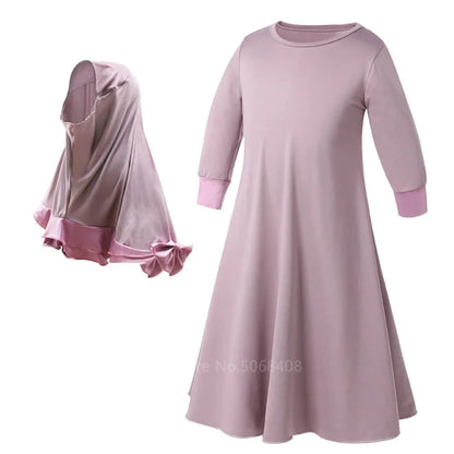 Muslim traditional clothing Islamic robe kids baby girls richer Saudi Arab Dubai solid abaya kaftan with ruffle bow hijab dress