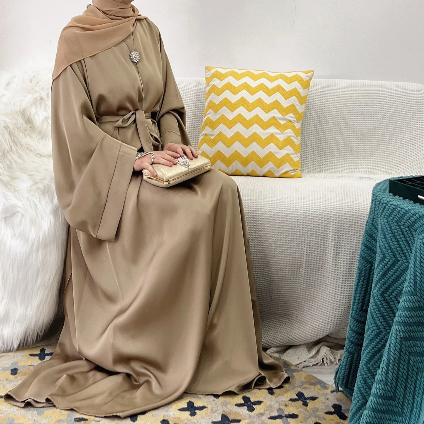 Plain Satin Abaya Dress for Muslim Women, Side Pockets Wide Sleeves, Dubai Turkish Hijabi Islamic Clothing, Modest Robe, Ramadan